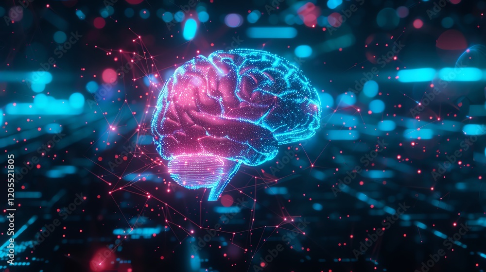 Poster a digital rendering of a glowing brain with lines and dots.