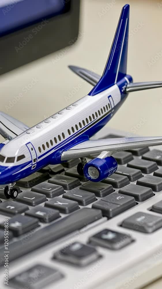 Poster miniature airplane model on a computer keyboard demonstrates connection between technology and trave