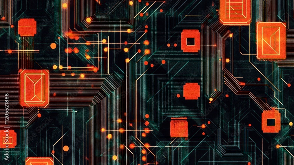 Poster abstract digital circuit board pattern with orange and green lines 60 character