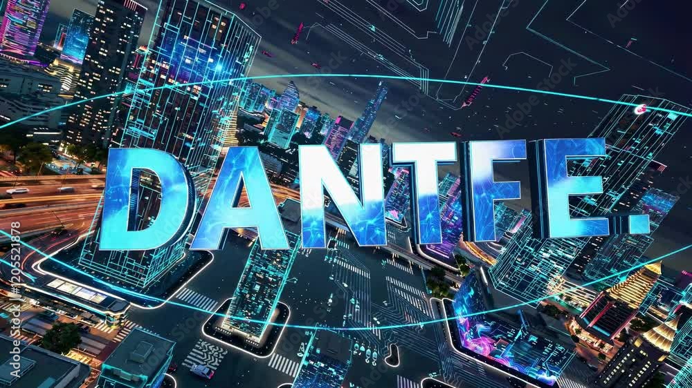 Poster futuristic cityscape at night showing data flowing and connecting buildings wirelessly through a net