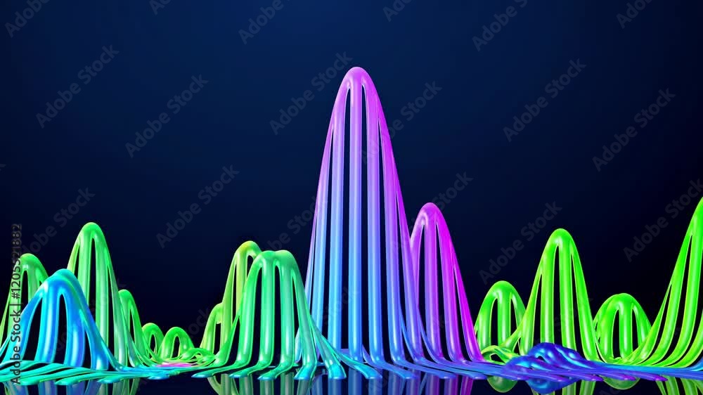 Poster abstract colorful lines are flowing and forming peaks on a dark background, creating a visually appe