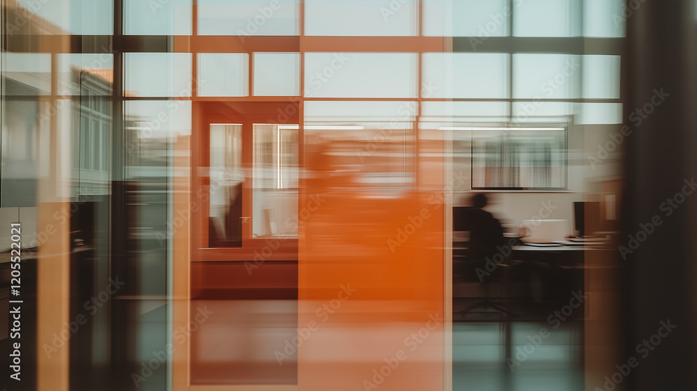 Poster modern office interior with colorful glass partitions creating vibrant workspace atmosphere. blurred