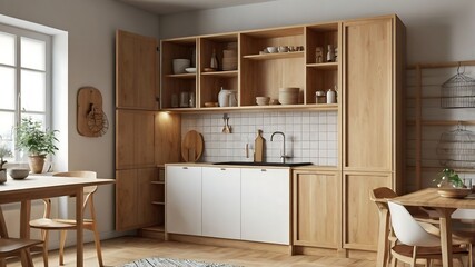 Fototapeta premium The pantry cabinet is a versatile storage unit designed for organizing food, kitchen essentials, and other items. It maximizes space with shelves, drawers, or doors, offering easy access and a tidy ki