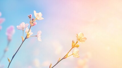 Obraz premium Pastel Spring Blossom Branches, Delicate Pink White Flowers, Soft Blue Sky Background