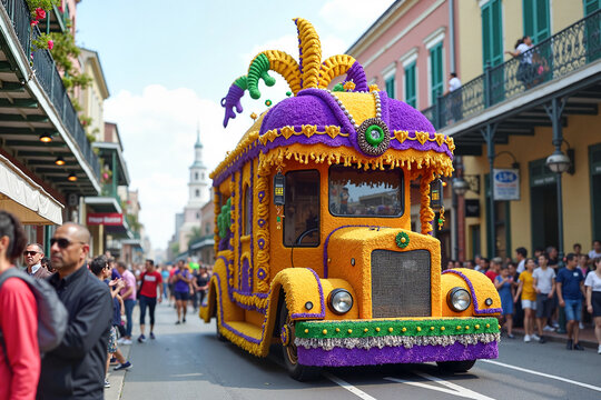 Vibrantly decorated Mardi Gras parade float moving through bustling New Orleans street, festive atmosphere.