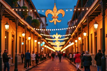 Festive atmosphere in the French Quarter with glowing street lights and people celebrating Mardi Gras, magical evening ambiance.