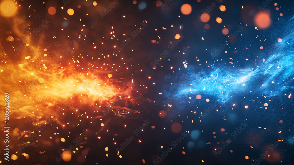 Poster abstract background featuring elements of fire and ice, with vibrant colors and dynamic movement. in