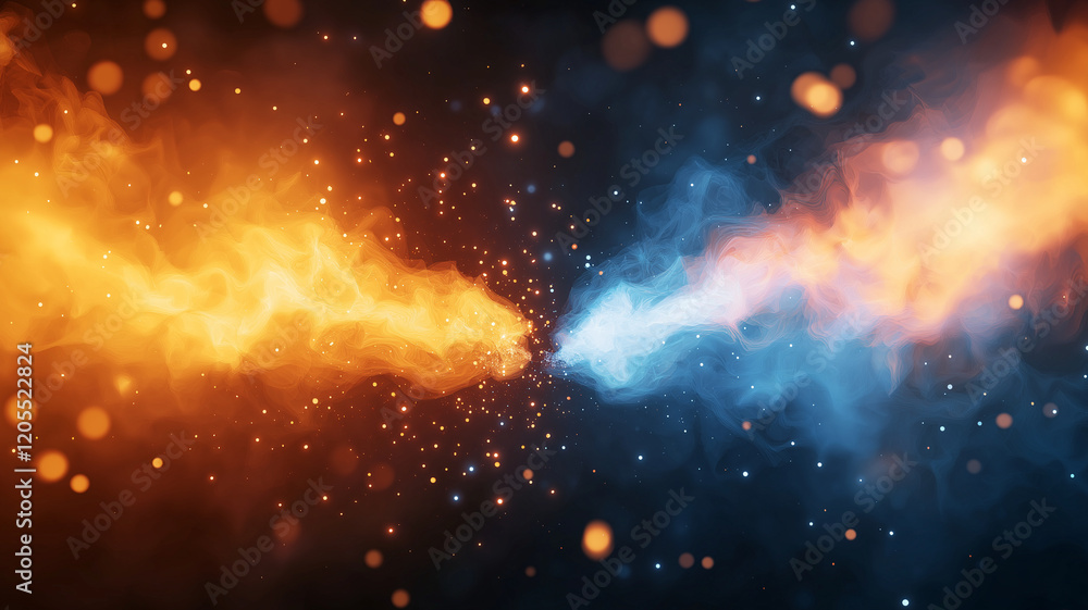 Poster abstract background with elements of fire and ice, smoke, and glowing particles creating dynamic con