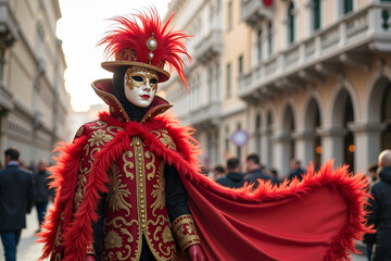 Obraz premium Masked figure in feather-trimmed red cape gliding through Venice Carnival streets, capturing the spirit of celebration.