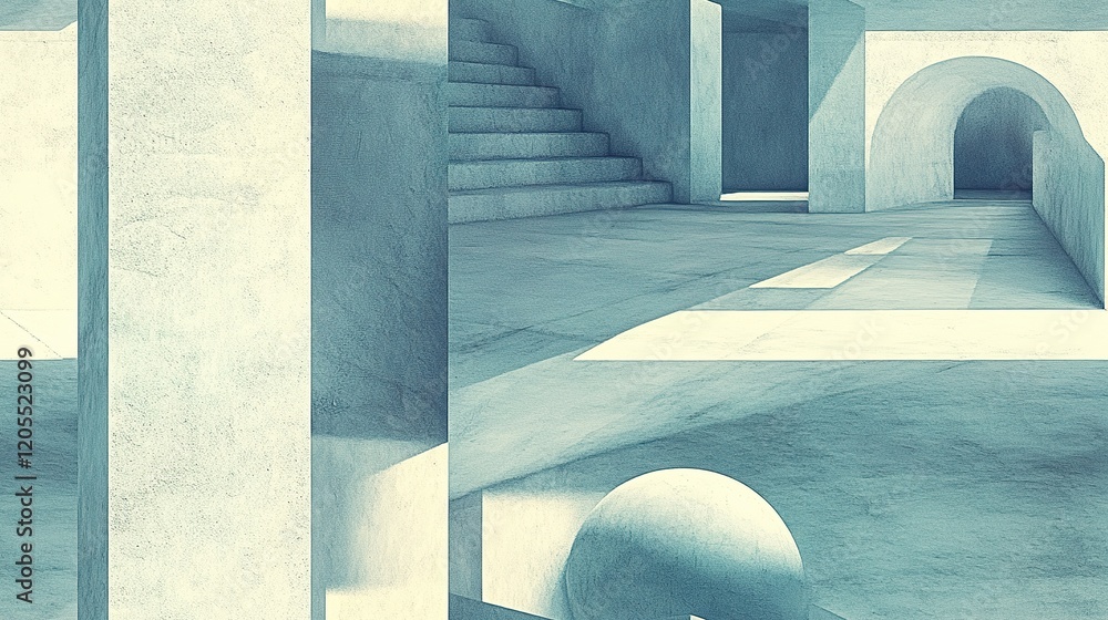 Poster abstract architectural interior design rendering showing stairs and arches