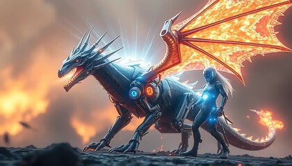 Cyborg Dragon and Futuristic Warrior Stand Together