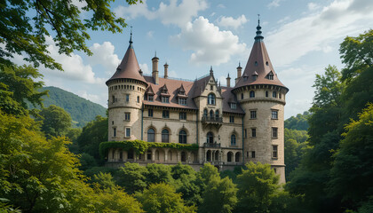 Obraz premium Majestic fairytale castle nestled in lush green forest under a bright sky.