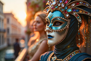 Masked figure adorned with jeweled hairpiece gazing thoughtfully from historical balcony at sunset, capturing the essence of Venice Carnival.