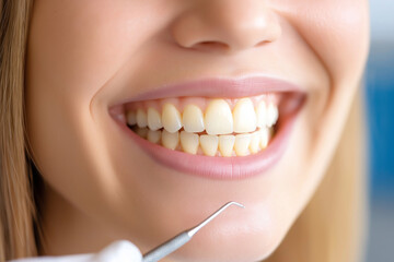 Fototapeta premium close up of smiling female patient showcasing healthy teeth during dental check up. dental tool in foreground highlights importance of oral hygiene and care