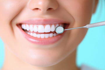 close up of smiling female patient showcasing clean, bright teeth during dental check up. dental mirror reflects sense of care and professionalism in oral health