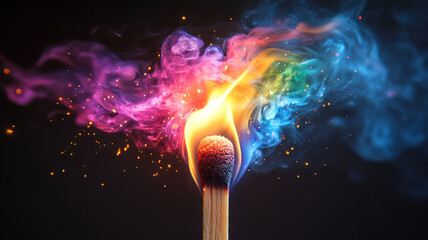 A macro shot of a lit match against a black background, with a vibrant neon flame in pink, blue, green, and yellow, emitting rainbow sparks and colorful smoke tendrils.
