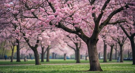Blooming tree in spring park background
