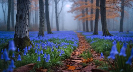 Bluebell in autumn forest with foggy background