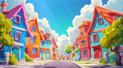 A cartoon illustration of a colorful street with houses on either side.