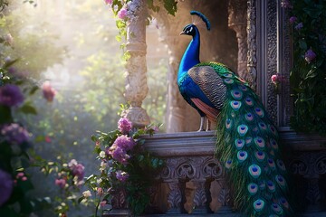 Majestic peacock perched on ornate balcony, sunlit garden, serene background, ideal for luxury designs