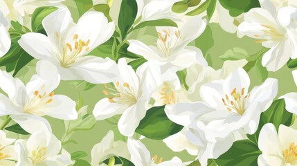 Delicate azalea flowers on lush green background, intricate seamless pattern design, vibrant colors, elegant botanical motif