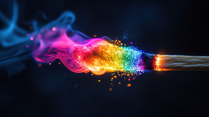 A macro shot of a lit match against a black background, with a vibrant neon flame in pink, blue, green, and yellow, emitting rainbow sparks and colorful smoke tendrils.