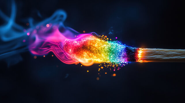 A macro shot of a lit match against a black background, with a vibrant neon flame in pink, blue, green, and yellow, emitting rainbow sparks and colorful smoke tendrils.