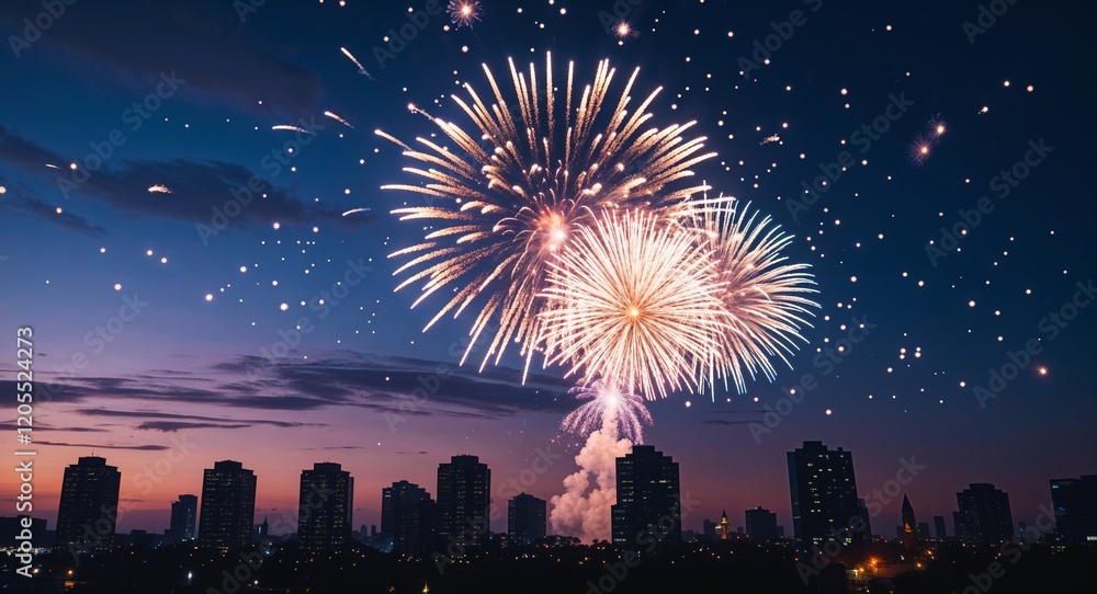 Poster exploding fireworks in sky with silhouette of buildings at dusk