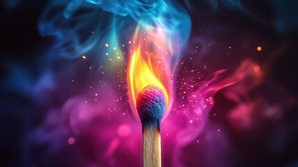 A macro shot of a lit match against a black background, with a vibrant neon flame in pink, blue, green, and yellow, emitting rainbow sparks and colorful smoke tendrils.