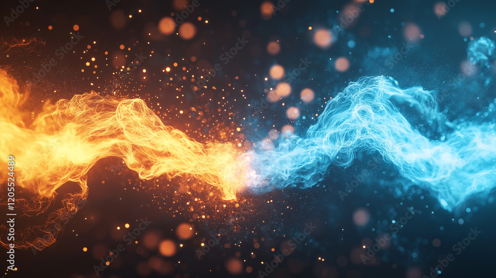 Poster fiery orange and cool blue elements intertwine, creating dynamic contrast of heat and cold, symboliz