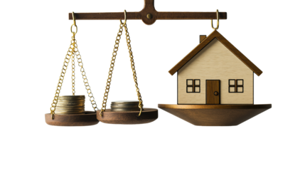 Artistic Depiction of a Scale Balancing a House and a Long-Term Financing Document
