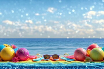 A cheerful summer border of colorful beach balls, flip-flops, and sunglasses placed on a vibrant towel, with the sparkling ocean visible at the bottom edge.