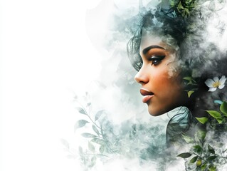 A profile of a woman surrounded by ethereal foliage and soft clouds.