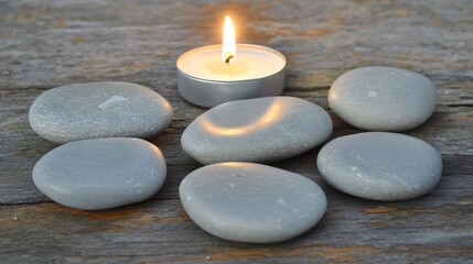 Serene Candlelight and Grey Stones on Wood
