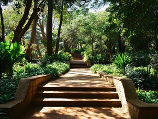 Obraz premium A Scenic Pathway Leading Upwards through a lush green garden with trees and plants