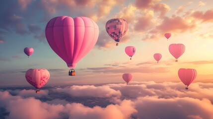 Fototapeta premium Colorful Hot Air Balloons Floating Above Soft Clouds at Sunset