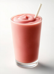 Creamy pink smoothie in glass with straw, perfect for refreshing drink. This delightful beverage is ideal for summer days or as healthy snack option