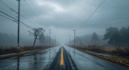Foggy road under overcast sky with wet pavement background