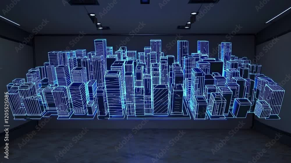 Poster beams of light project a futuristic hologram of a smart city, creating a mesmerizing display of urba