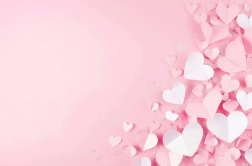 Paper pink hearts fly on soft pink color background, border, copy space. Valentine day concept for design.