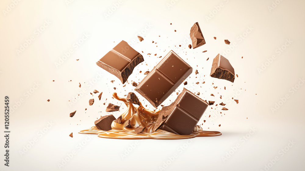 Poster rich chocolate explosion with broken pieces and flowing caramel. this dynamic scene captures delight