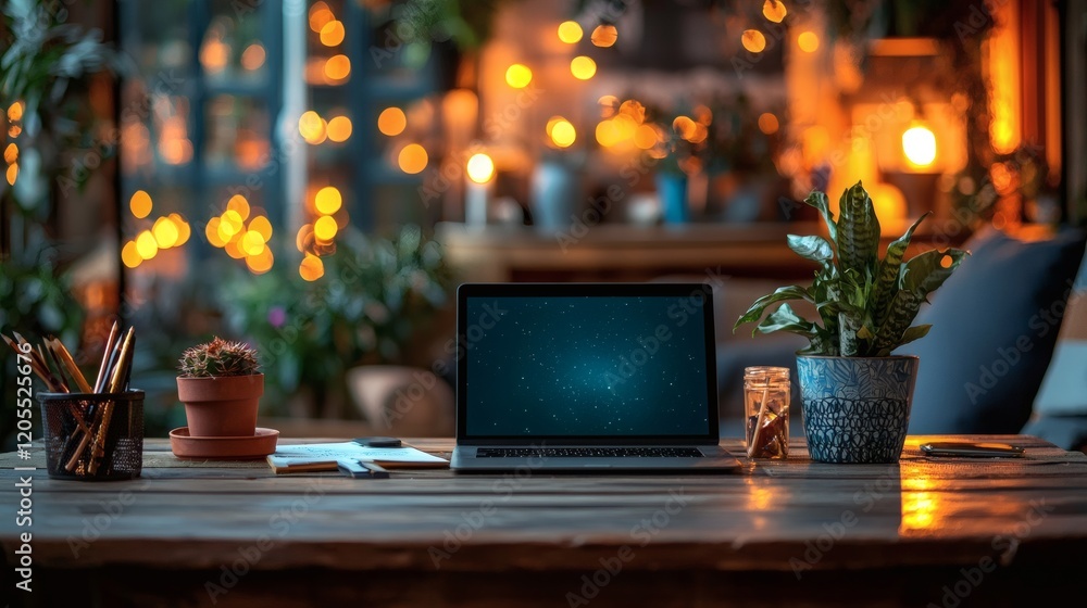 Poster remote professional sitting at an organized desk with productivity tools and motivational items stoc