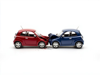 Fototapeta premium Red and blue toy cars in head on collision, showcasing damage and debris. scene captures impact of accident, evoking sense of urgency and caution