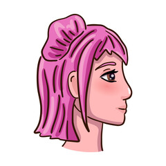 Female person head with pink hair. Vector illustration.
