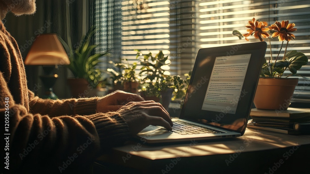 Poster Individual working on a laptop with an open tab for time management and productivity apps Stock Photo with side copy space