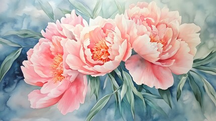 Soft Pink Peonies with Green Leaves in Watercolor Painting Style