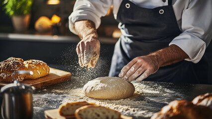 A chef is kneading bread dough on a floured countertop skillfully to prepare delicious bread for his customers.The kitchen is scattered with top ingredients and professional utensils.