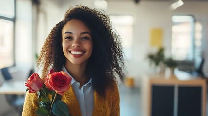 A bright and open office with a cheerful businesswoman holding roses and radiating positivity