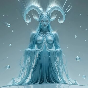 a humanoid water figure with an aura of wisdom and balance, its gentle demeanor radiating peace and stability. elegant, curving horns rise from its head, formed of crystalline water that glimmers fain