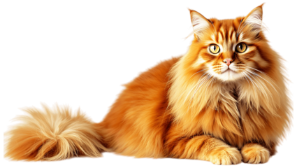 Majestic ginger Maine Coon cat with fluffy tail and golden eyes in elegant studio portrait isolated on transparent background